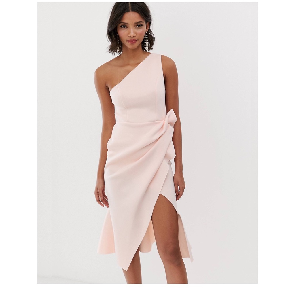 One shoulder midi tuck detail blush dress